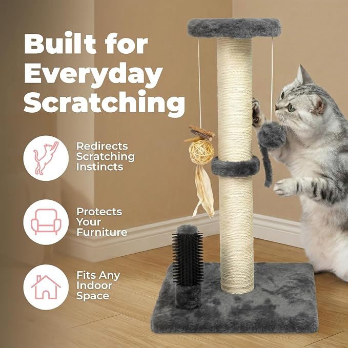 Best Pet Supplies Catify Cat Scratching Post - Gray H: 25" | 11" x 11" x 25", Interactive Cat Pole, Built-In Toys, Durable Sisal, Furniture Protector, For Indoor Kittens and Cats