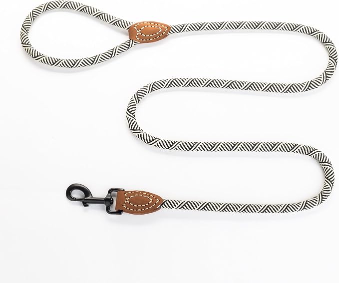 Mile High Life Dog Leash with Genuine Leather Connection, 6 FT/5 FT/4 FT | Rope Leash, Heavy Duty 360° Swivel Metal Clasp, for Small Medium & Large Dogs (White Beige, 48 Inch)