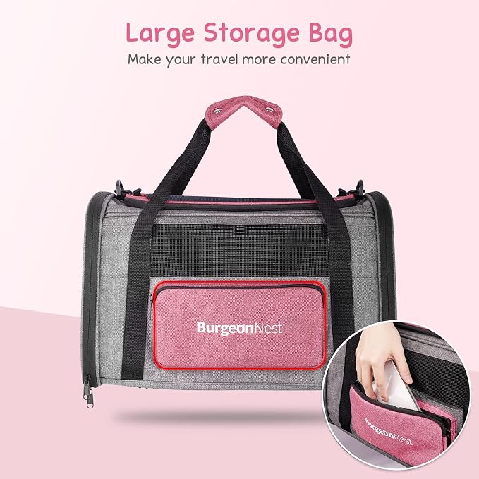 BurgeonNest Cat Carriers for Medium Puppy Under 25 lbs, Pet Carrier for Cats with Unique Side Bag,Top Load Small Pet Bag Soft-Sided Escape Proof with 4 Ventilated Windows | Soft sided pink cat carrier with mesh windows, ventilation and storage pocket f...
