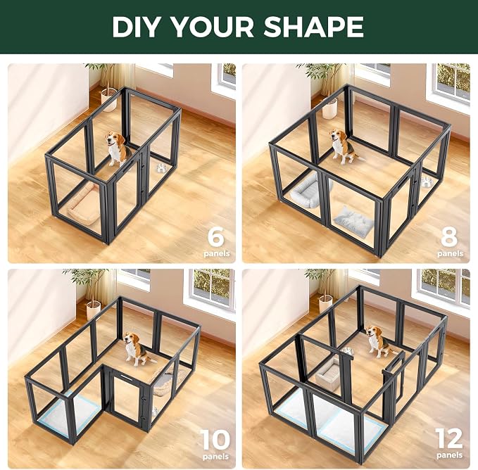 FXW AuraSpace Clear Acrylic Indoor Dog Playpen, 35" H, 8 Panels, Black | Open View, Modern Home Fit, No Climbing Bars, Tool-Free Setup, For Medium Dogs