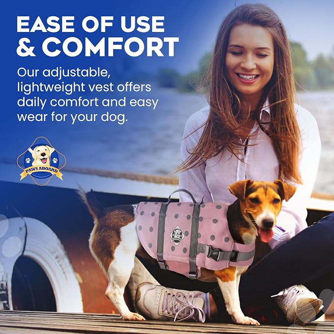 Dog Life Jacket — Premium Swim Vest with SafeChin Anti-Choke Collar | PAWS Aboard Pink | RapidLift Rescue Handle, D-Ring, Reflective Trim | Boating, Kayaking, Pool | Medium (25–50 lbs)