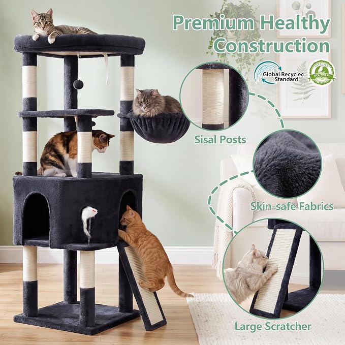 Cat Tree, 61" Tall Cat Tower, Diamond-Shaped Cat Cave VCT001G | Cat Condo with Wide Top Perch & Basket, Sturdy Scratching Post, Interactive Toy for Large Indoor Cats, Smoky Gray