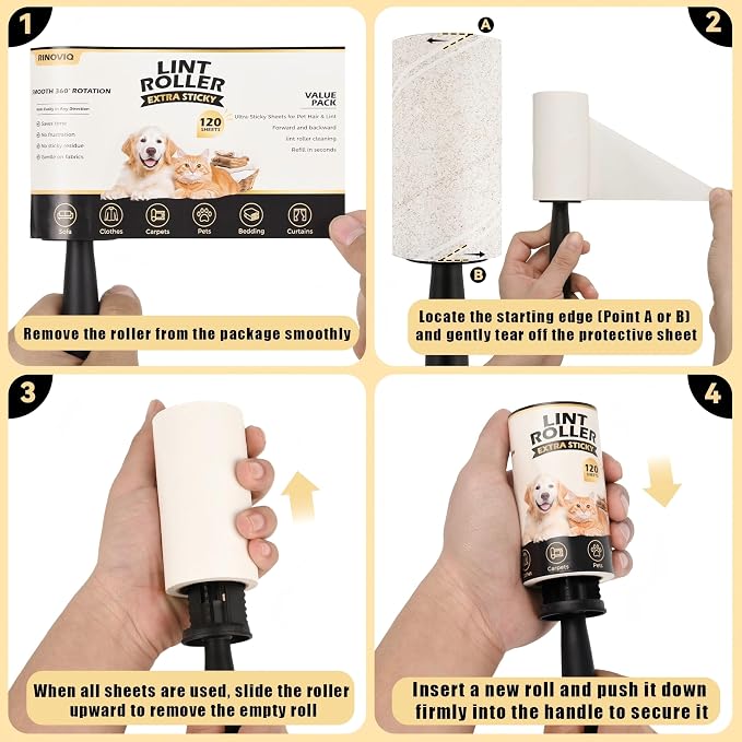 Extra Sticky Lint Roller Refills for Pet Hair Removal, 10 Rolls | No handle included. 10 rolls, 120 easy-tear sheets each, 1,200 total for dog and cat hair on clothes and furniture.