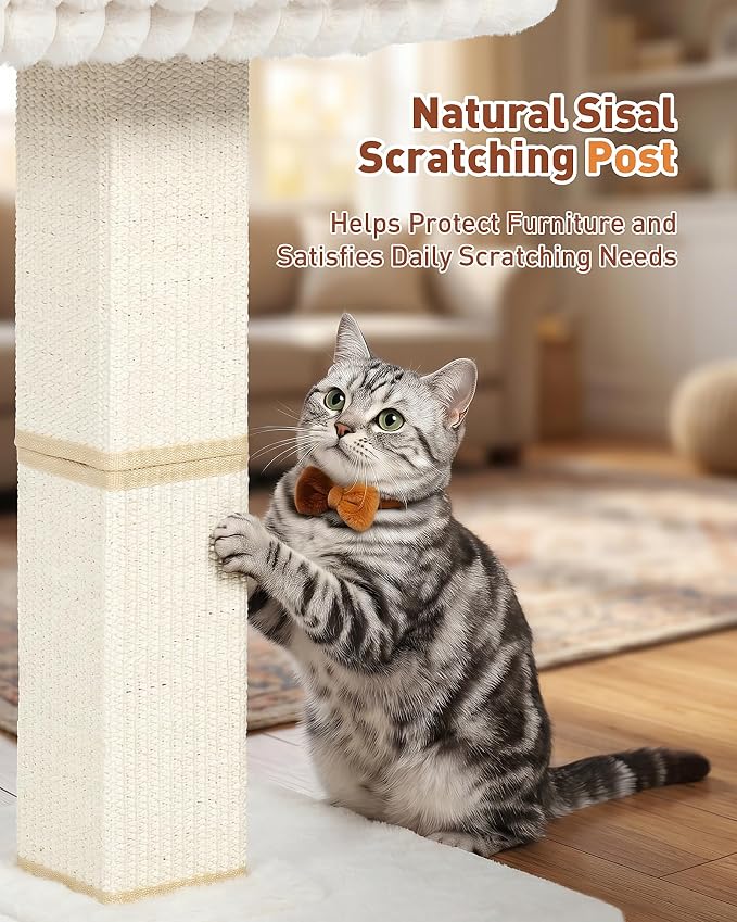 Morden Cat Scratching Post with Top Plush Bed for Indoor Cats | Removable & Washable Perch, Small Morden Cat Tree, Cat Tower with Scratch Post, Natural Sisal, White