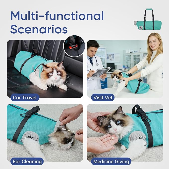 Cat Carrier Pouch, Soft Cat Grooming Restraint Bag for Vet Visits, Nail Trimming,Dental Care & Medication, Comfortable Cats Carry Bag with Bottom Support for Car Travel,Green L(8-15lbs)