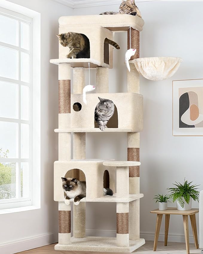 Globlazer F66 Corner Cat Tree, 66in Multi-Level Climbing Tower, Beige | Kitty Condos Cat Scratching Tower for Indoor Multiple Cats with Large Platform, 3 Cat Caves, Hanging Basket