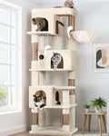 Globlazer F66 Corner Cat Tree, 66in Multi-Level Climbing Tower, Beige | Kitty Condos Cat Scratching Tower for Indoor Multiple Cats with Large Platform, 3 Cat Caves, Hanging Basket
