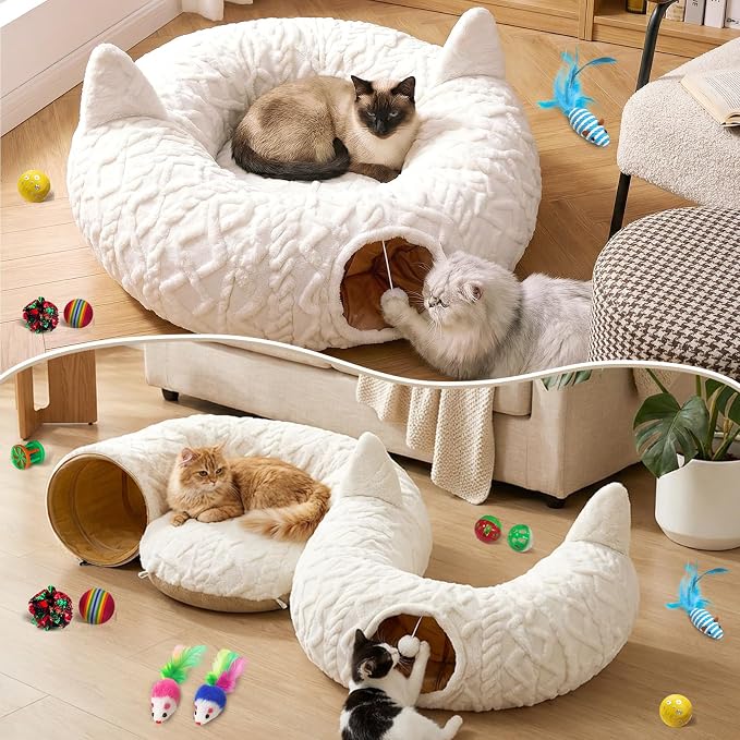 OurWarm Cat Tunnel Bed for Indoor Cats, Soft Plush Cat Donut Tunnel with 11 Pcs Interactive Toys & Washable Mat, Round Peekaboo Pet Cave Play Tunnel Under Christmas Tree for Kitten Rabbit