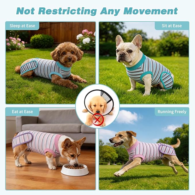 2 Packs Breathable Cotton Dog Recovery Suit for After Neuter Spay Abdominal Wounds Protector, Professional Anti-Licking Onesies for Male Female Pets Surgery Bandages, S Textured Bule Purple