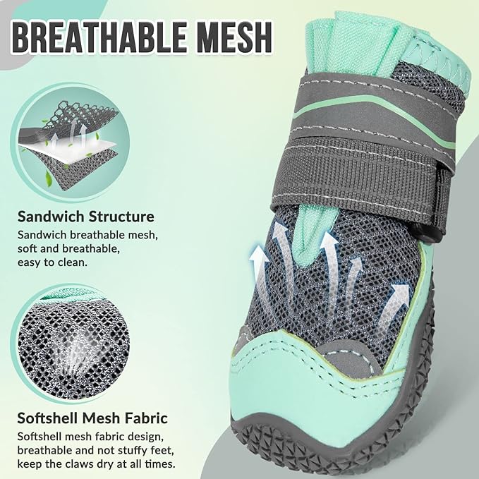 SlowTon Dog Shoes for Large Small Medium Dogs - Breathable Dog Boots for Summer Hot Pavement, Paw Protector for Outdoor Walking Winter Snow, Anti-Slip Rubber Dog Booties for Hardwood Floor (Green, 4)