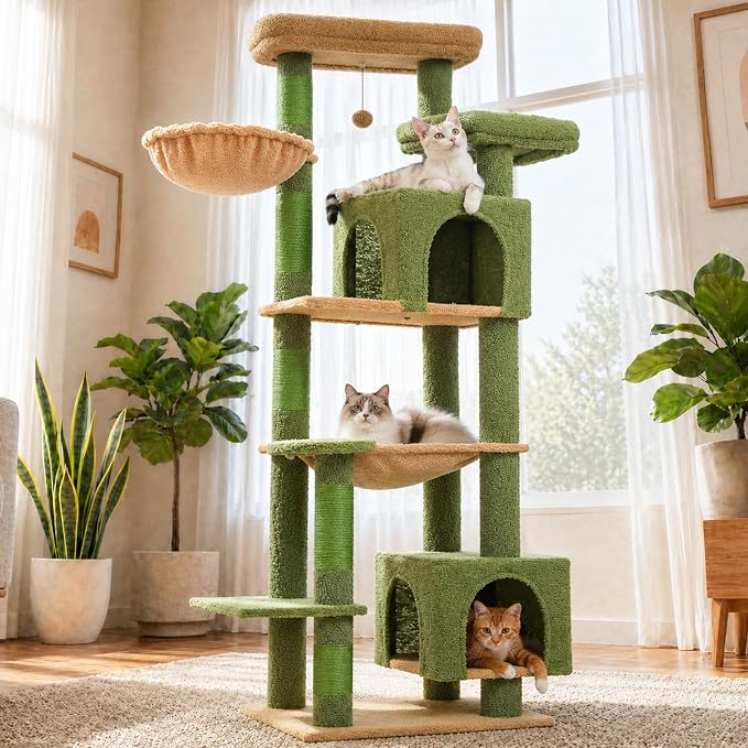 69" Cactus Cat Tree for Indoor Cats Large Adult, Multi-Level Cat Tower | Multi-Level Cat Tree with Scratching Posts, Soft Padded Perch, 2 Dangling Toys