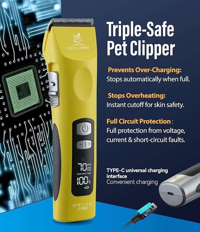 Professional Dog Grooming Clippers with 17H Runtime & Replaceable 440C Blade, 5-Speed Low Noise Electric Dog Shaver for Thick, Matted, Curly Hair, Cordless Clipper for Groomer & Home Use, Yellow