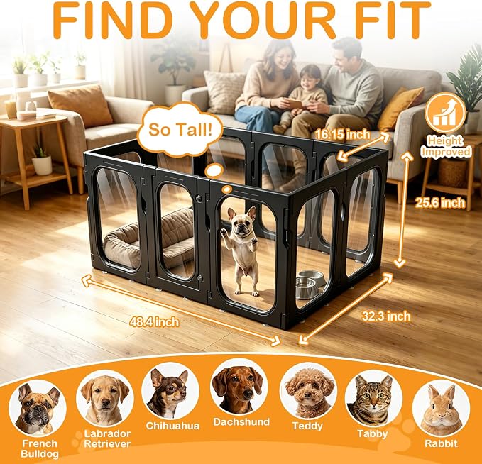 Acrylic Dog Playpen, 8-Panel Clear Transparent Puppy Playpen for Small Dogs Indoor Outdoor, Easy Assembly Foldable Pet Exercise Pen with Locking Door (Black, 25.6 INCH, 10 Panels)