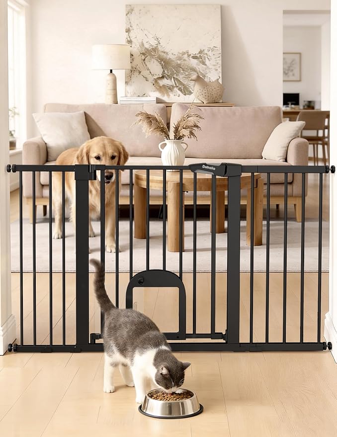 Babelio Extra Wide Baby Gate with Cat Door, CatPrivilege III, 29-55" | 30" Tall Pressure/Hardware Mounted Safety Gate for Large Openings, Auto-Close, Black