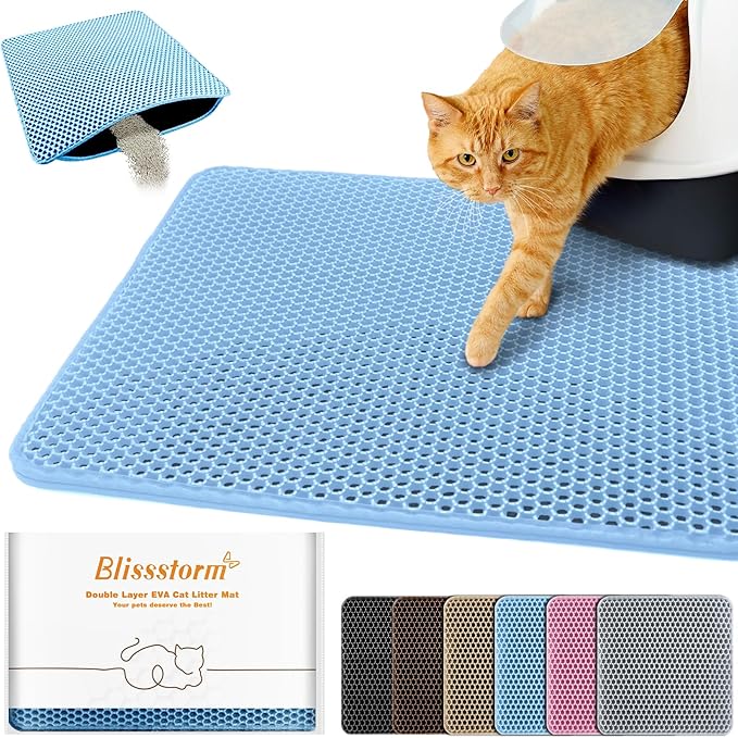 Cat Litter Mat 12"x18",Double Layer EVA litterbox Mat, Blue | Waterproof honeycomb large grid, urine-proof and odor-free. Traps litter, easy cleanup,Washable, non-slip backing