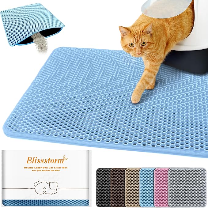 Cat Litter Mat 27"x46",Double Layer EVA litterbox Mat, Blue | Waterproof honeycomb large grid, urine-proof and odor-free. Traps litter, easy cleanup,Washable, non-slip backing