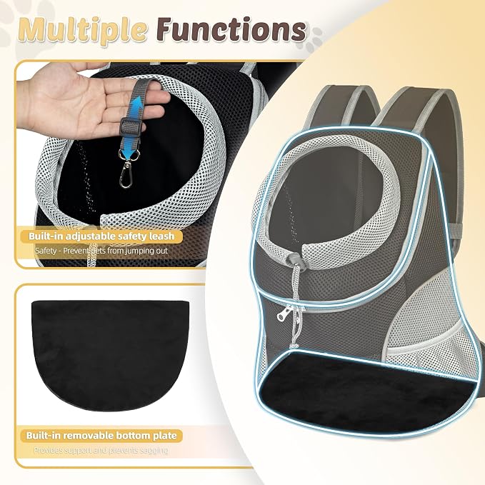 WOYYHO Pet Dog Carrier Backpack, Ventilated Small Dog Front Backpack | Small Dog Front Backpack, with Adjustable Straps, Safety Belt, Storage Pockets, for Travel Hiking Outdoor, Grey, M