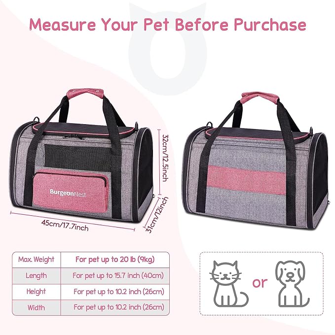 BurgeonNest Cat Carriers for Medium Puppy Under 25 lbs, Pet Carrier for Cats with Unique Side Bag,Top Load Small Pet Bag Soft-Sided Escape Proof with 4 Ventilated Windows | Soft sided pink cat carrier with mesh windows, ventilation and storage pocket f...