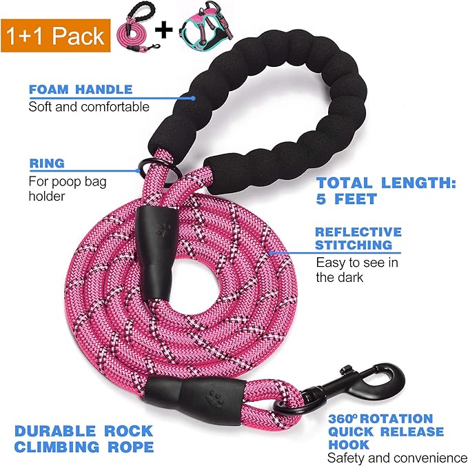 tobeDRI No Pull Dog Harness Adjustable Reflective Oxford Easy Control Medium Large Dog Harness with A Free Heavy Duty 5ft Dog Leash, Pink/Blue, M