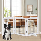 LZRS 3-Panel Freestanding Adjustable Wooden Dog Gate—30" Tall Foldable Pet Barrier with Support Feet, Chew-Resistant Solid Hardwood & Steel Wire Safety Fence for Doorways, Hallways, and Stairs, White