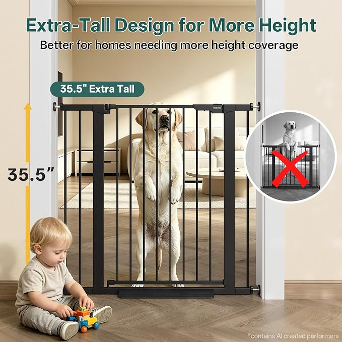InnoTruth 29.6-39.1 in Wide x 35.5 in High Extra Tall Baby Gate, Black | Indoor Metal Dog Gate for Stairs and Doorways, Auto Close Walk Through Door for Pets, Double Lock, Pressure or Hardware Mount