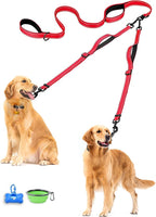 PetBonus Double Dog Leash, No Tangle Dual Leash, Walking Training Lead | 4 Comfortable Padded Handles, Adjustable, Reflective, For Two Large Medium Dogs, Collapsible Bowl and Waste Bags, Red
