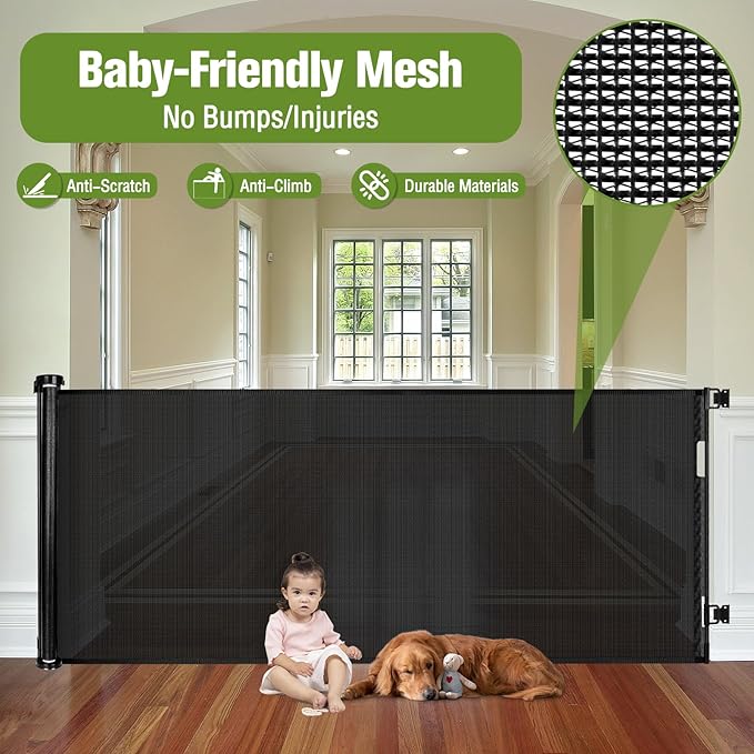 Retractable Baby Gate Extra Wide 65", Retractable Dog Gate Indoor/Outdoor | Durable Mesh Gates for Kids or Pets, Space-Saving, Easy One-Hand Operation Safety Lock, Easy Install, for Stair/Doorway/Black