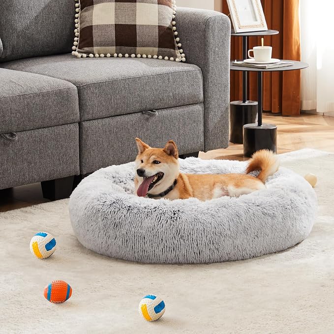 DUMOS 37.4 Inch Donut Dog Bed, Faux Fur Plush, Grey | Machine Washable Cuddler Warming Cozy Fluffy Faux Fur Plush Round Pet Bed, Anti-Slip Bed for Indoor Dogs and Cats