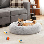 DUMOS 37.4 Inch Donut Dog Bed, Faux Fur Plush, Grey | Machine Washable Cuddler Warming Cozy Fluffy Faux Fur Plush Round Pet Bed, Anti-Slip Bed for Indoor Dogs and Cats