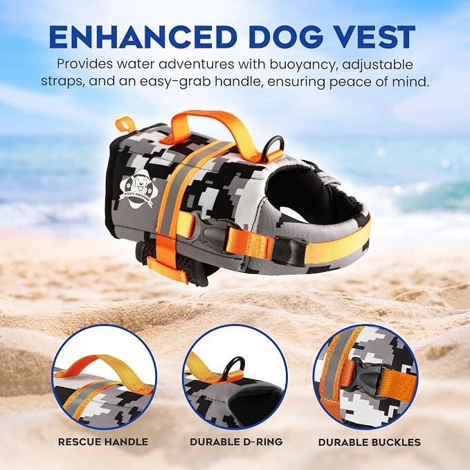 Dog Life Jacket — Premium Swim Vest with SafeChin Anti-Choke Collar | PAWS Aboard Grey Camo | RapidLift Rescue Handle, D-Ring, Reflective Trim | Boating, Kayaking, Pool | XX-Small (Under 6 lbs)