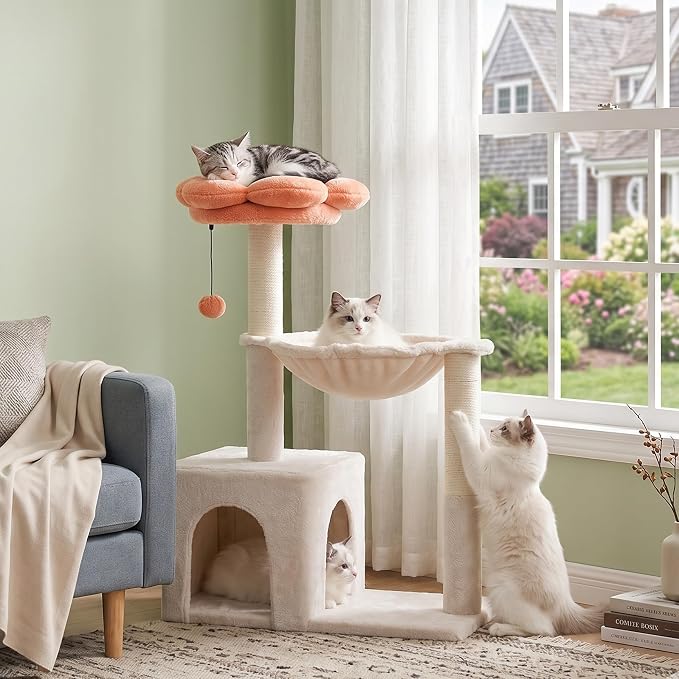 Flower Cat Tree 34" Scratching Post Small Cat Tower for Large Cats,Featuring with 15.7”Large Hammock, Removable Top Bed and Wide Condo for Indoor Cats-Beige | Cute Cat Tower with 15.7” Hammock, Spacious Cat House,34” Scratching Post,Removable Flower Be...