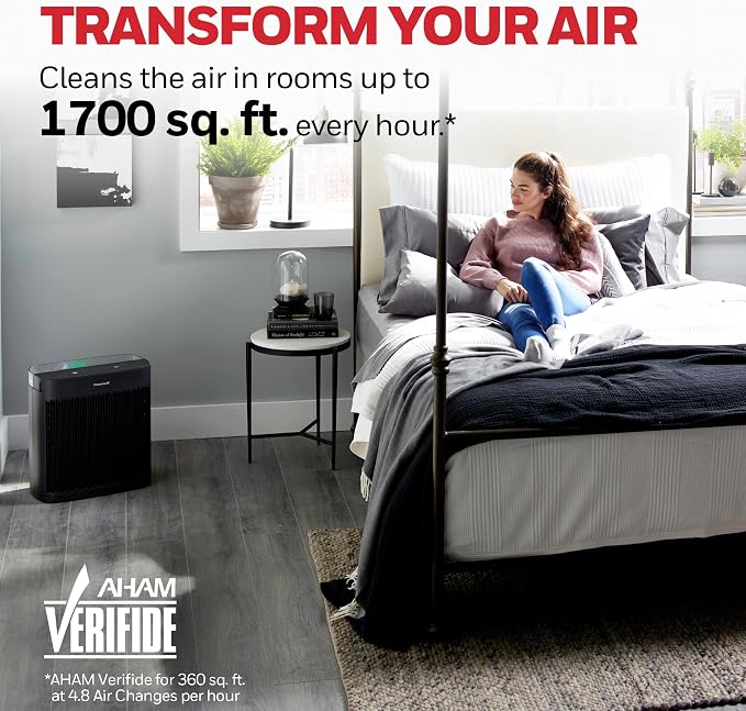 Honeywell HEPA Air Purifier for Home and Large 1700 ft² Rooms, Black | Powerful HEPA Filtration, Air Quality Monitor, Turbo and Auto Mode, Reduces Allergens, Dust, Pollen, Pet Dander, Odors, Smoke