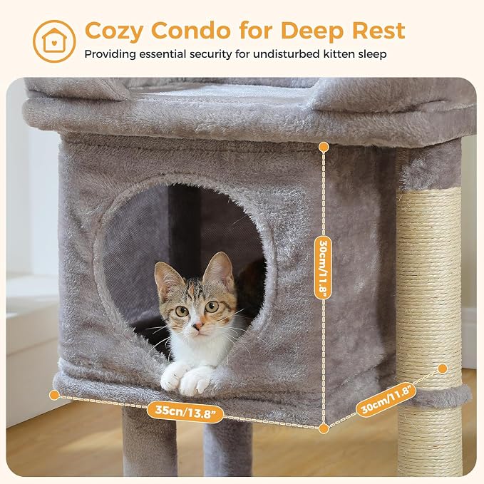 PAWZ Road 26" Cat Tree for Indoor Cats, Small Tower with 19X13”Bed | Cozy Cat Condo with Tall Sisal Posts & Spring Ball, Raised Edge Bed Keeps Cats Secure Compact for Corners or by Window