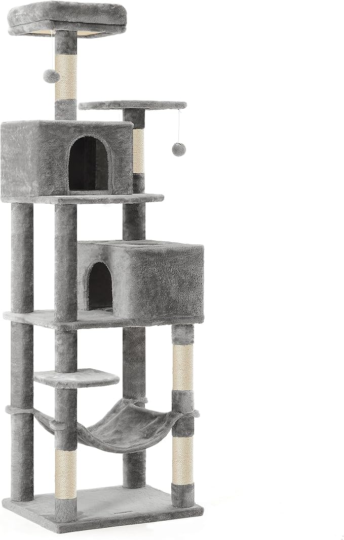 Feandrea Cat Tree, 73.2-Inch Tall Cat Tower, Plush Multi-Level Condo with 5 Scratching Posts, 2 Perches, 2 Caves, Hammock, 2 Pompoms, Light Gray UPCT191W01