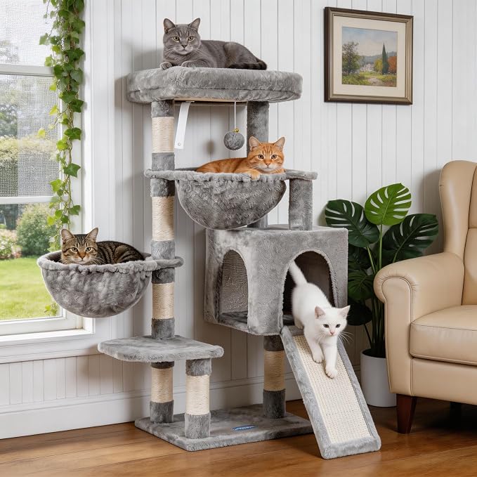 Hey-brother Cat Tree Tower with Large Bed, Hammocks, Scratcher, MPJ006SW | 35.4 Inches Cat House with Cozy Condo, Sisal Scratching Posts for Indoor Cats, Light Gray