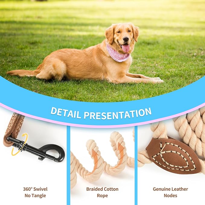 Mile High Life Dog Leash Braided Cotton Rope with Leather-Reinforced Ends | Rust-proof 360° swivel clasp, Heavy-duty for medium/large dogs. Great for weddings, daily walks (18IN, 1/2", Light Brown)