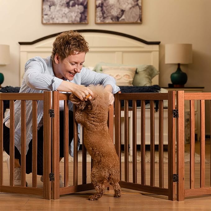 LZRS Wooden Free Standing Foldable Dog Gate Indoor – 80" W x 24" H, Extra Wide Step-Over Safety Pet Gate for Doorways, Stairs, Hallways, Large Spaces & Playpen for Puppies Indoor Use, Oak
