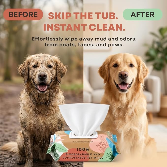 Eco Wave Hypoallergenic Plant-Based Pet Wipes, Dog and Cat Grooming Wipes for Face, Ears, Body, Butt, and Paws, Fragrance Free, Compostable, 400 Count