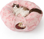 Lesure Donut Cute Jacquard Cat Tunnel Bed Kitten Toys for Puppy Bunny | 33.5x33.5x10in,Round Cat Bed Tube for Indoor Cats Rabbit Dog,Pet Peekaboo Cave Toy,Spiral Hideaway,Washable Cushion,Pink