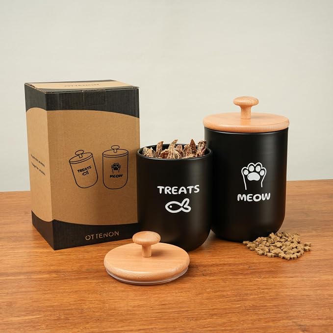Cat Treat Container with Airtight Lid, Cat Food Oganizer Dry Food, Cat Food Storage Containers, Pet Treats Canister, Cat Treat Jar Set of 2-8.3x4.9 & 7.1x4.3 (Black)