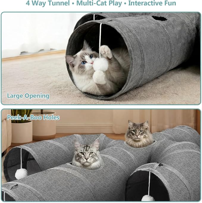 Ownpets Cactus Cat Tunnel 12" with Peek Holes for Indoor Large Cat, Grey | Durable Oxford fabric, noise-free, foldable & connectable, multi-cat friendly, tube for cats up to 20lb, includes ball & wand