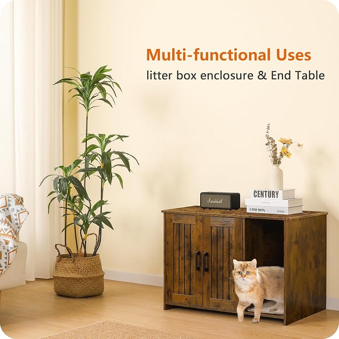 Dwanton Litter Box Enclosure, Cat Litter Box Furniture Hidden, with Scratching Mat, Wooden Cat Washroom Indoor, 31.5" L x 19.7" W x 21.7" H, Rustic Brown