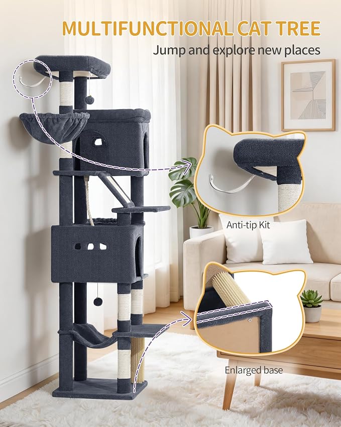 Hzuaneri Big Cat Tree, 75 Inch Tall Multi-Level Cat Tower, Indoor Larger Cat Condo Furniture with 5 Scratching Post, 2 Hanging Basket, 2 Condo, 2 Large Platform, Pet Play House, Dark Grey MS19018SG | Cat Condo Furniture with 5 Scratching Post, 2 Hangin...