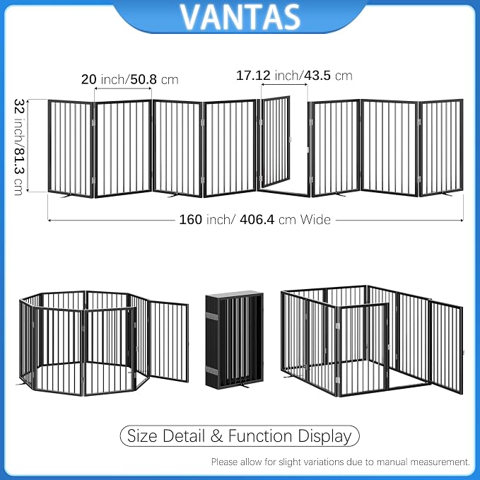 Vantas 160" x 32" Foldable Freestanding Extra Wide Dog Gate with Door,Black | Freestanding Dog Gate for Stairs and Doorways, Renter Friendly No Drill, Extra Wide, Easy Storage, With Support Feet