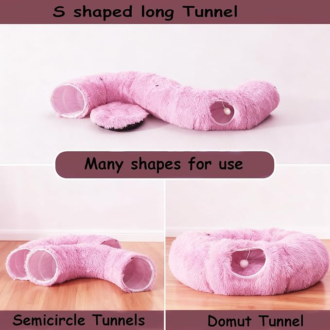 Cat Bed Tunnel Tube Toy Pink Plush | Collapsible Round Tunnels for Indoor Cats, Interactive Toys Play Tubes with Hanging Ball for Kitten, Puppy, Rabbit