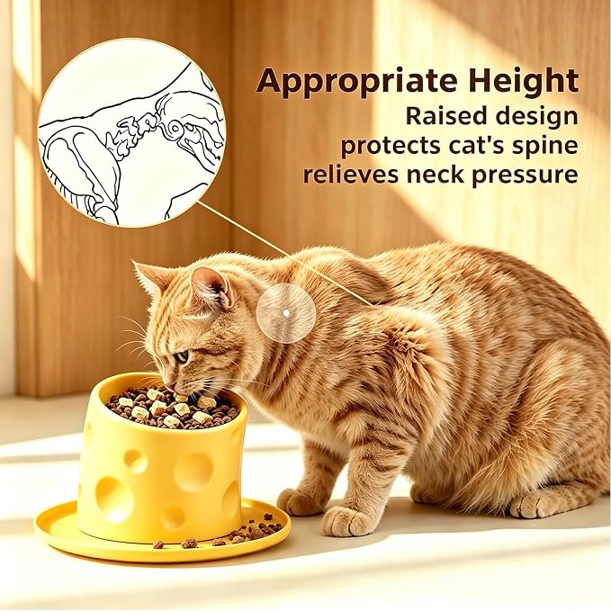 Ceramic Raised Cat Bowls, Elevated Cat Bowls with Food Mat | Anti-Vomiting & Spine Protection, Cheese-shaped, Whisker Friendly Pet Bowl, Dishwasher and Microwave Safe