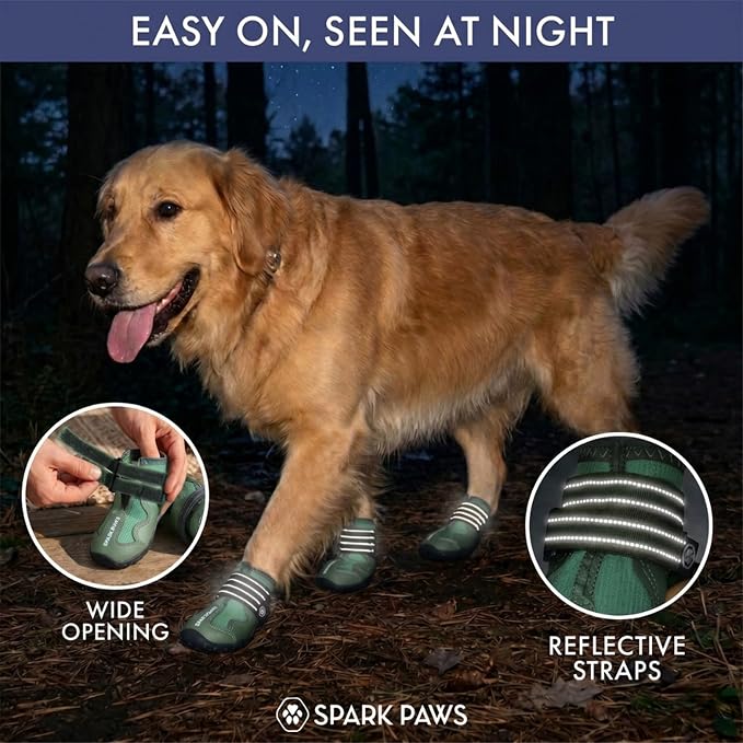 Spark Paws 365 Dog Shoes - All-Season Boots for Winter Snow & Hot Pavement | Water-resistant, anti-slip, stay-on straps - rain, ice & summer booties in one. Reflective; small, medium & large dogs