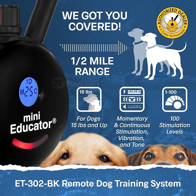 Educator ET-302 Black Mini E Collar for Dog Training with Remote - 1/2 Mile Range, Waterproof, 100 Blunt Stimulation Levels, Tone or Vibration Mode, Night Light for Small, Medium & Large Dogs (2 Dogs)