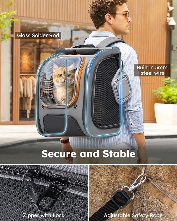 Pecute Cat Backpack Carrier,Large Space Cat Bubble Backpack,Ergonomic,Gray | Color Blocking,Sunshade curtain,Folding bowl,Transparent window,Sturdy,Large mesh on both sides for breathability