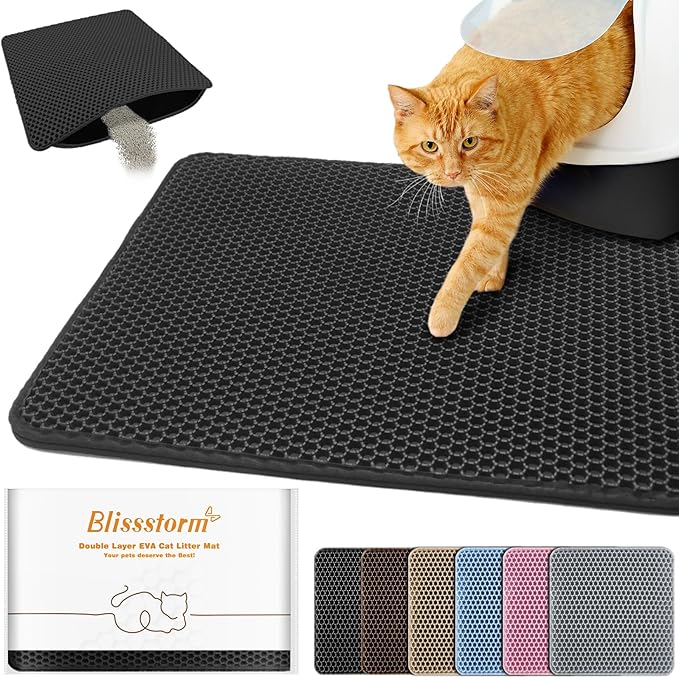 Cat Litter Mat 12"x18",Double Layer EVA litterbox Mat, Black | Waterproof honeycomb large grid, urine-proof and odor-free. Traps litter, easy cleanup,Washable, non-slip backing